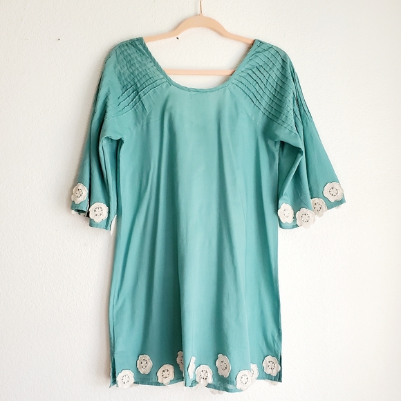 Anthropologie Mermaid Crochet Lace Tie Front Tunic Mini Dress Cover Up Green XS - Picture 3 of 5